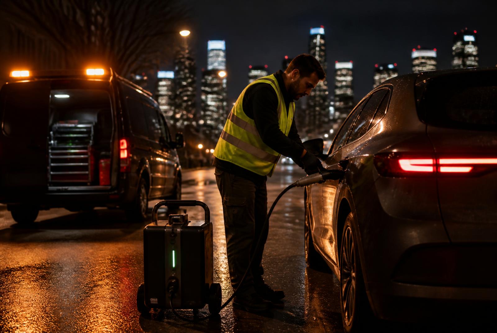Mobile charging equipment connected to an electric vehicle charge port on a wet Atlanta street at night