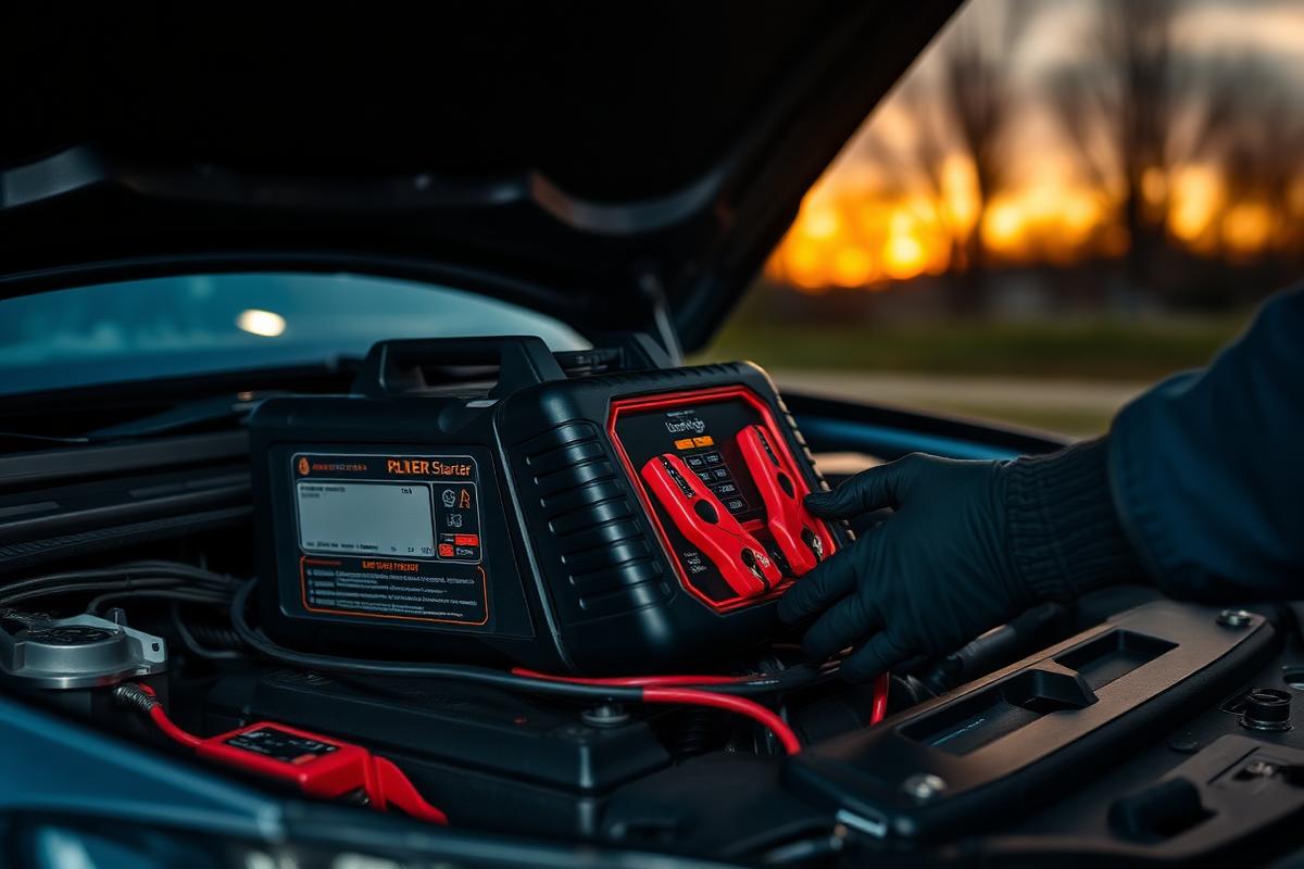 Portable jump starter connected to a vehicle battery under an open hood during an Atlanta roadside call