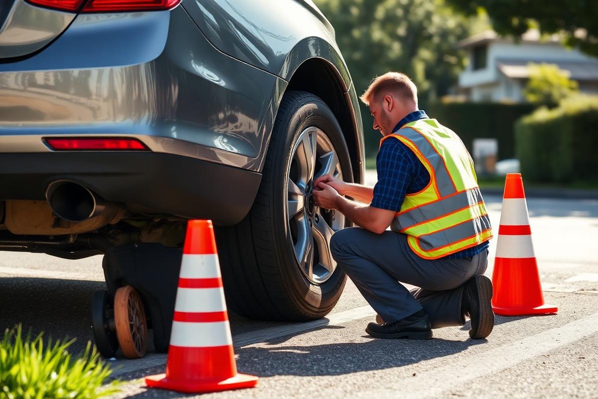 Roadside technician installing a spare tire on a passenger vehicle at the curb in an Atlanta neighborhood