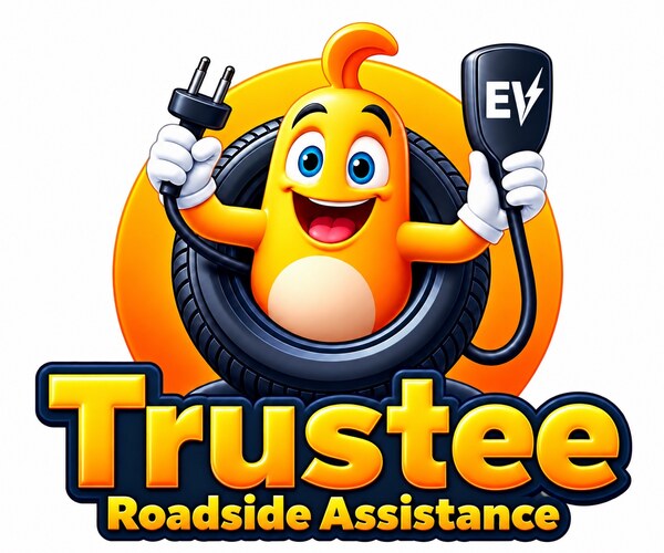 Trustee Roadside Assistance logo: smiling mascot in a tire holding a plug and an EV charger